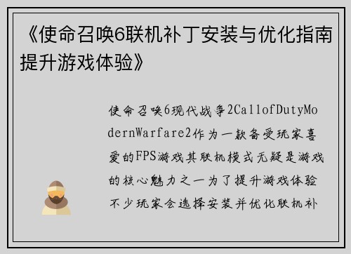《使命召唤6联机补丁安装与优化指南提升游戏体验》