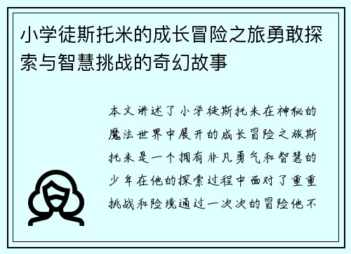 小学徒斯托米的成长冒险之旅勇敢探索与智慧挑战的奇幻故事